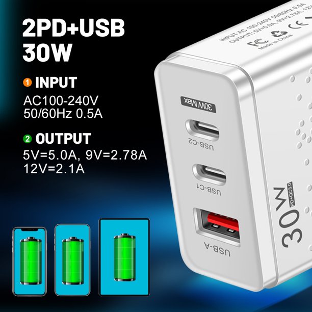 3 in 1 Mulitport 30W Fast Charging Wall Block, Type C and USB Ports