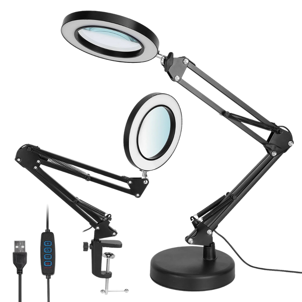 1Pack 2 In 1 LED Magnifier Desk Lamp 8x Magnifying Glass With Light Swing Arm Desk Table Light USB Reading Lamp With Clamp Stand 10 Brightness 3 Modes