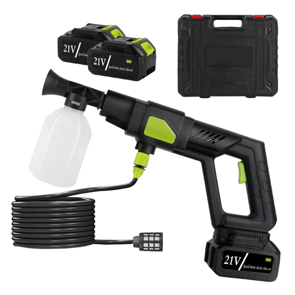 Cordless Pressure Washer Portable featuring 21V battery, multifunctional nozzle, and accessories for easy cleaning.