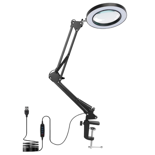 1Pack 2 In 1 LED Magnifier Desk Lamp 8x Magnifying Glass With Light Swing Arm Desk Table Light USB Reading Lamp With Clamp Stand 10 Brightness 3 Modes