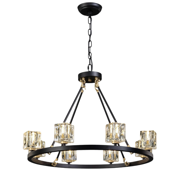Black Wagon Wheel Chandelier, 8-Light Farmhouse Crystal Chandeleirs With Adjustable Height