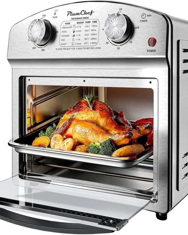 Plum Chef Stainless Steel 12.5 Qt Air Fryer, Dual Knob Control, 60-Min Timer, Presets For French Fries, Pizza, Chicken, Fish, And Toast Sleek Design, Healthy Cookie