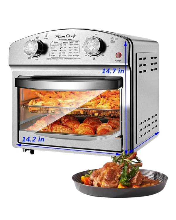 Plum Chef Stainless Steel 12.5 Qt Air Fryer, Dual Knob Control, 60-Min Timer, Presets For French Fries, Pizza, Chicken, Fish, And Toast Sleek Design, Healthy Cookie