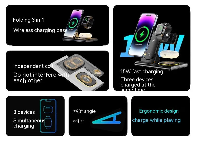3 IN 1 15W Wireless Charger Magnetic Fast Charging Stand