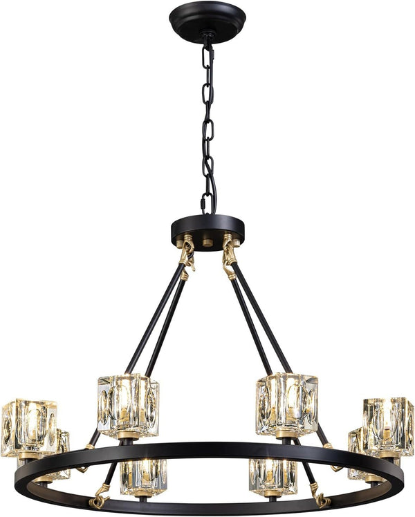 Black Wagon Wheel Chandelier, 8-Light Farmhouse Crystal Chandeleirs With Adjustable Height
