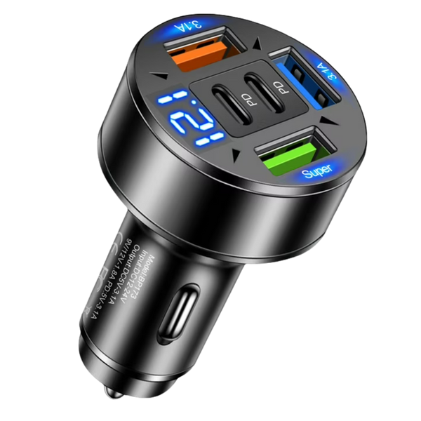 5-in-1 Digital Display Fast Car Charger, 66W, USB and Type C