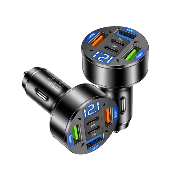 5-in-1 Digital Display Fast Car Charger, 66W, USB and Type C