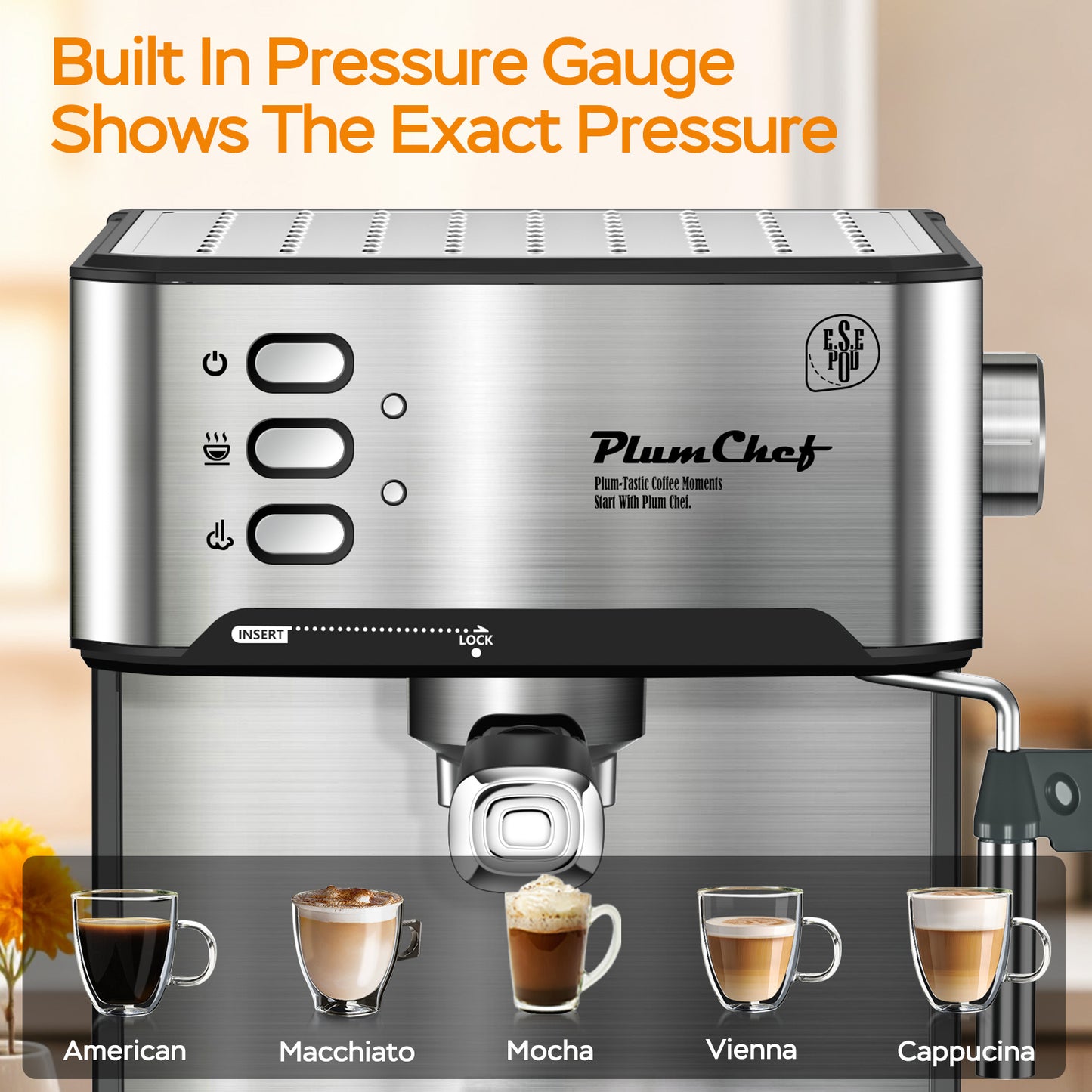 20 Bar Professional Espresso Machine With Milk Frother, Single & Double Shot, ESE Pod Compatible, Visual Display Of Pressure, Removable Water Tank For Cappuccino, Latte, Machiato For Home Barista