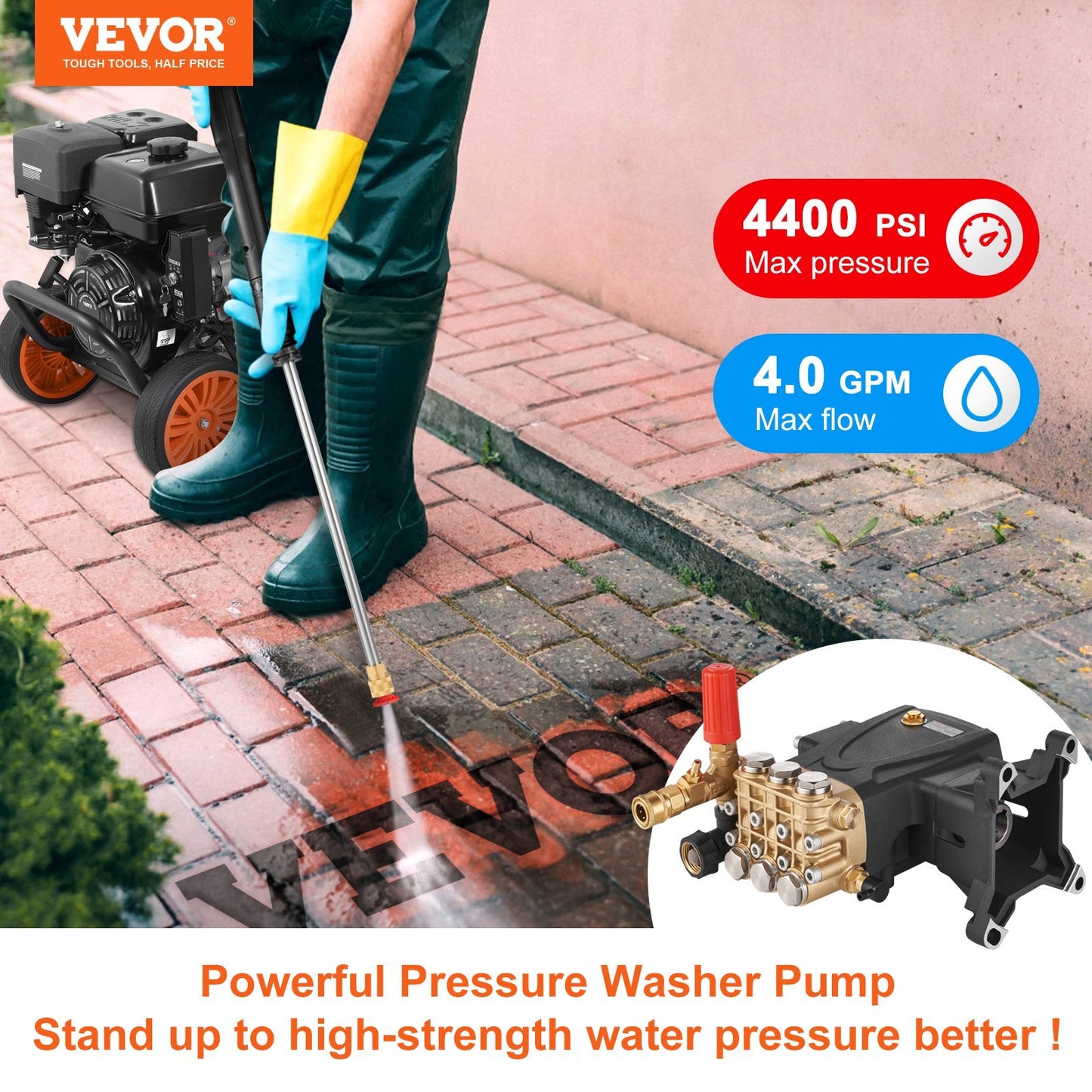 VEVOR Pressure Washer Pump, Shaft Horizontal Triplex Plunger, 4400 PSI, 4 GPM Flow, Replacement Power Washer Parts Washer Pump, Compatible WithMorFlex Models 40224, 40225, 40226